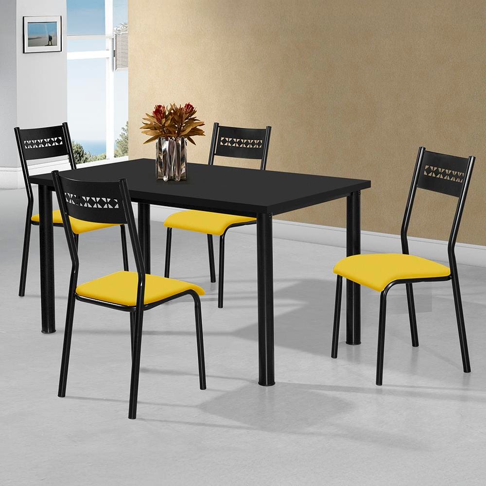 Mesa de Jantar Retangular Aço Nobre Júlia Plus com 6 Cadeiras - Preta/Amarelo
