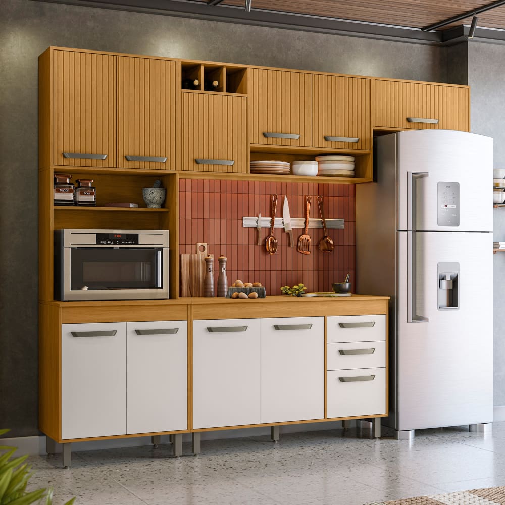 Cozinha com Balcão Poliman Malta 11 Portas Pintura Acetinada Freijó/Off White