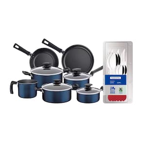 Conjunto de Panelas 7 Peças Tramontina Bergamo Antiaderente e Tampas de Vidro - Azul + Faqueiro 12 Peças Leme com Lâminas em Aço Inox - Vermelho