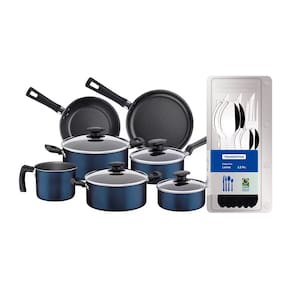 Conjunto de Panelas 7 Peças Tramontina Bergamo Antiaderente e Tampas de Vidro - Azul + Faqueiro 12 Peças Leme com Lâminas em Aço Inox - Preto