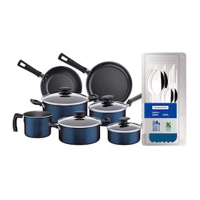 Conjunto de Panelas 7 Peças Tramontina Bergamo Antiaderente e Tampas de Vidro - Azul + Faqueiro 12 Peças Leme com Lâminas em Aço Inox - Azul