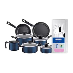 Conjunto de Panelas 7 Peças Tramontina Bergamo Antiaderente e Tampas de Vidro - Azul + Faqueiro 12 Peças Leme com Lâminas em Aço Inox – Lavanda