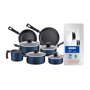 Conjunto de Panelas 7 Peças Tramontina Bergamo Antiaderente e Tampas de Vidro - Azul + Faqueiro 12 Peças Leme com Lâminas em Aço Inox - Cinza