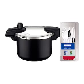 Panela de Pressão Tramontina Arizona em Alumínio, Revestimento Starflon Max 4,5L – Preto + Faqueiro 12 Peças Leme com Lâminas em Aço Inox - Vermelho