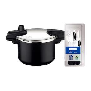 Panela de Pressão Tramontina Arizona em Alumínio, Revestimento Starflon Max 4,5L – Preto + Faqueiro 12 Peças Leme com Lâminas em Aço Inox – Preto