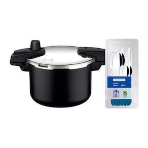 Panela de Pressão Tramontina Arizona em Alumínio, Revestimento Starflon Max 4,5L – Preto + Faqueiro 12 Peças Leme com Lâminas em Aço Inox – Azul