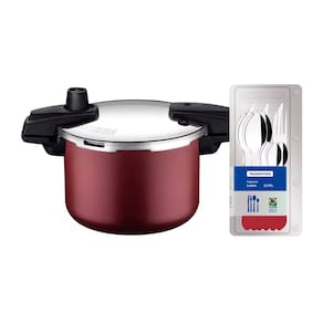 Panela de Pressão Tramontina Arizona em Alumínio, Revestimento Starflon Max 4,5L – Vermelha + Faqueiro 12 Peças Leme, Lâminas em Aço Inox – Vermelho
