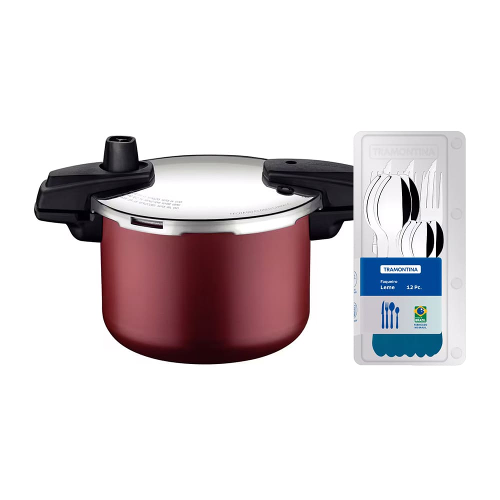 Panela de Pressão Tramontina Arizona em Alumínio, Revestimento Starflon Max 4,5L – Vermelha + Faqueiro 12 Peças Leme, Lâminas em Aço Inox – Azul
