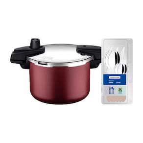 Panela de Pressão Tramontina Arizona em Alumínio, Revestimento Starflon Max 4,5L – Vermelha + Faqueiro 12 Peças Leme, Lâminas em Aço Inox – Cinza
