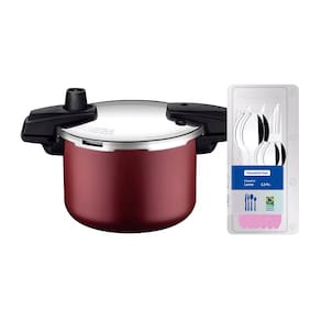 Panela de Pressão Tramontina Arizona em Alumínio, Revestimento Starflon Max 4,5L – Vermelha + Faqueiro 12 Peças Leme, Lâminas em Aço Inox – Lavanda