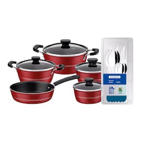 Conjunto de Panelas Tramontina Sicilia com Revestimento Starflon Excellent Vermelho – 5 Peças + Faqueiro 12 Peças Tramontina Leme - Azul