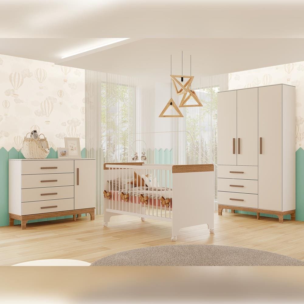 Quarto Bebê Completo Canaã Pega Pega Berço-Cama Armário 3 Portas Cômoda 4 Gavetas MDF Design Moderno Branco Caramelo
