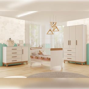 Quarto Bebê Completo Canaã Pega Pega Berço-Cama Armário 3 Portas Cômoda 4 Gavetas MDF Design Moderno Branco Caramelo