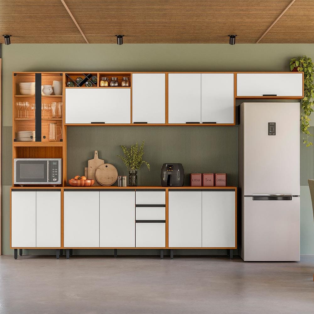 Cozinha Completa Poliman Ravena 6 Peças MDP Nicho Micro-ondas Pés Reguláveis Freijó Off White