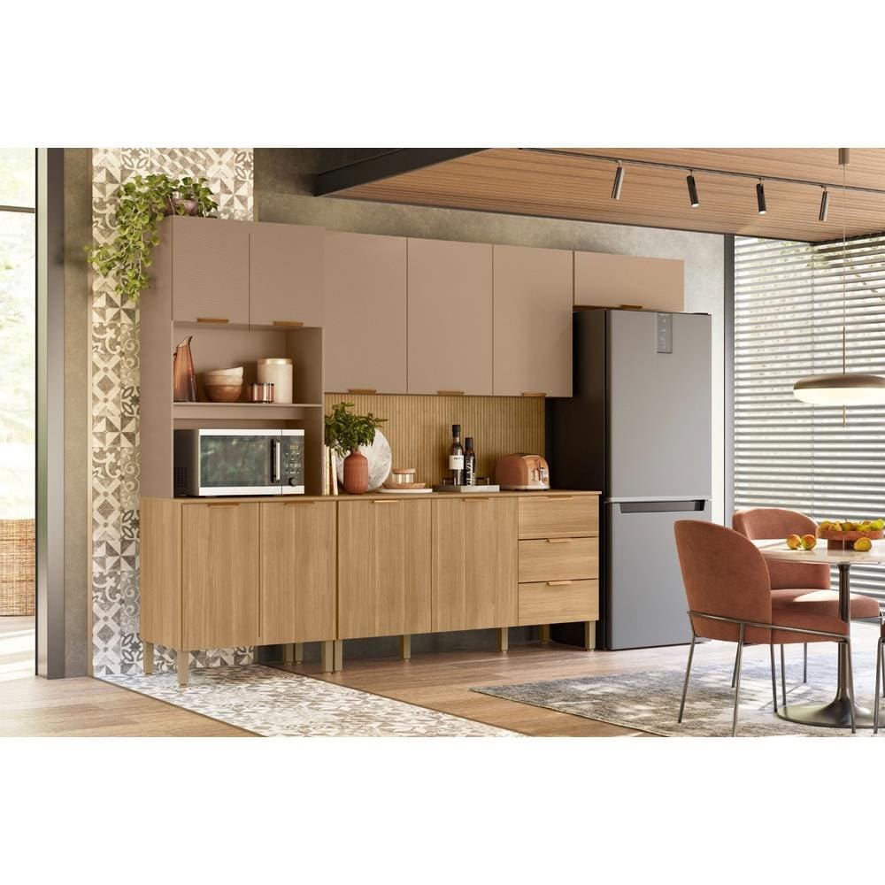 Cozinha Completa Kits Paraná GLAM 2 Peças com Painel Ripado Freijó e Vanilla