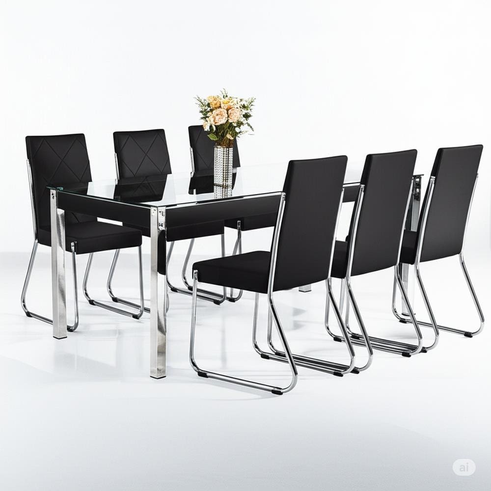 Conjunto Mesa de Jantar Aço Nobre Móveis Cláudia 6 Cadeiras Liz Aço Cromado Tampo de Vidro 157cm Transparente