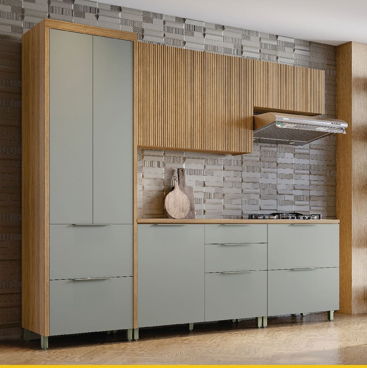 Cozinha Completa Nesher Paris 5 Peças 270cm MDF 15mm Armário Aéreo Geladeira Verde e Nature