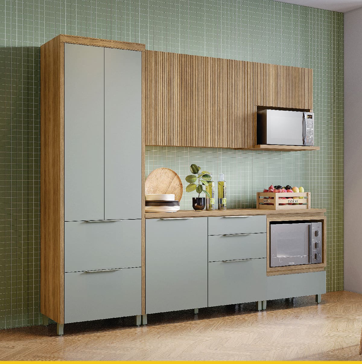 Cozinha Completa Nesher Paris 5 Peças 270cm Balcão Forno Nicho Micro-ondas Verde e Nature