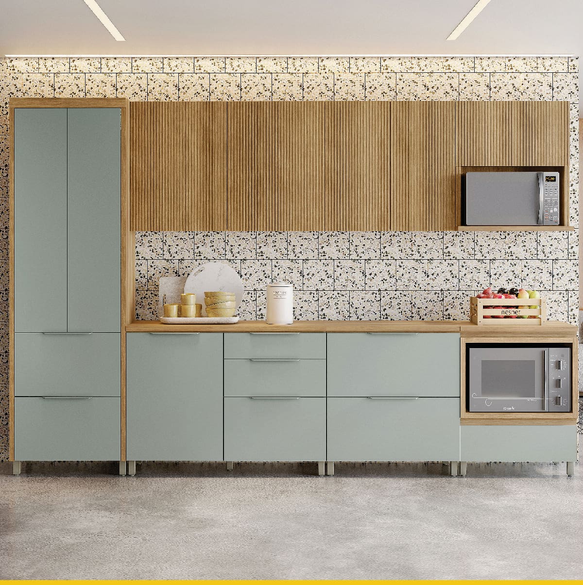 Cozinha Completa Nesher Paris 7 Peças 340cm Balcão Forno Nicho Micro-ondas Verde e Nature