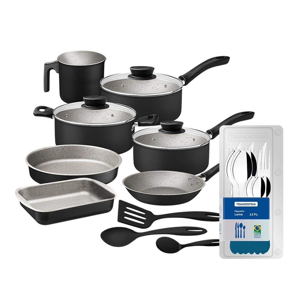 Conjunto de Panelas 10 Peças Tramontina Linz Starflon Max Preto + Faqueiro 12 Peças Tramontina Leme Azul