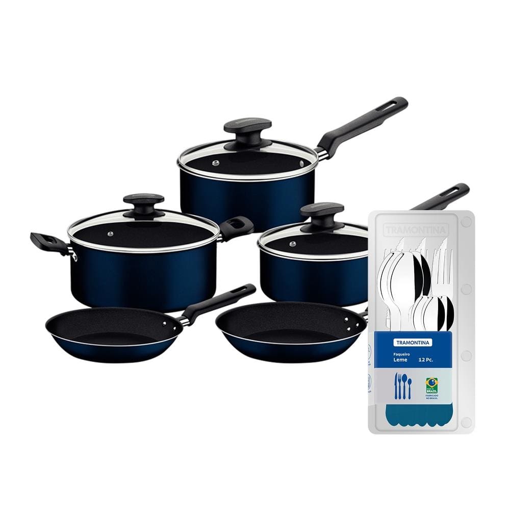 Conjunto de Panelas 5 Peças Tramontina Ravena Starflon Max Azul + Faqueiro 12 Peças Tramontina Leme Azul