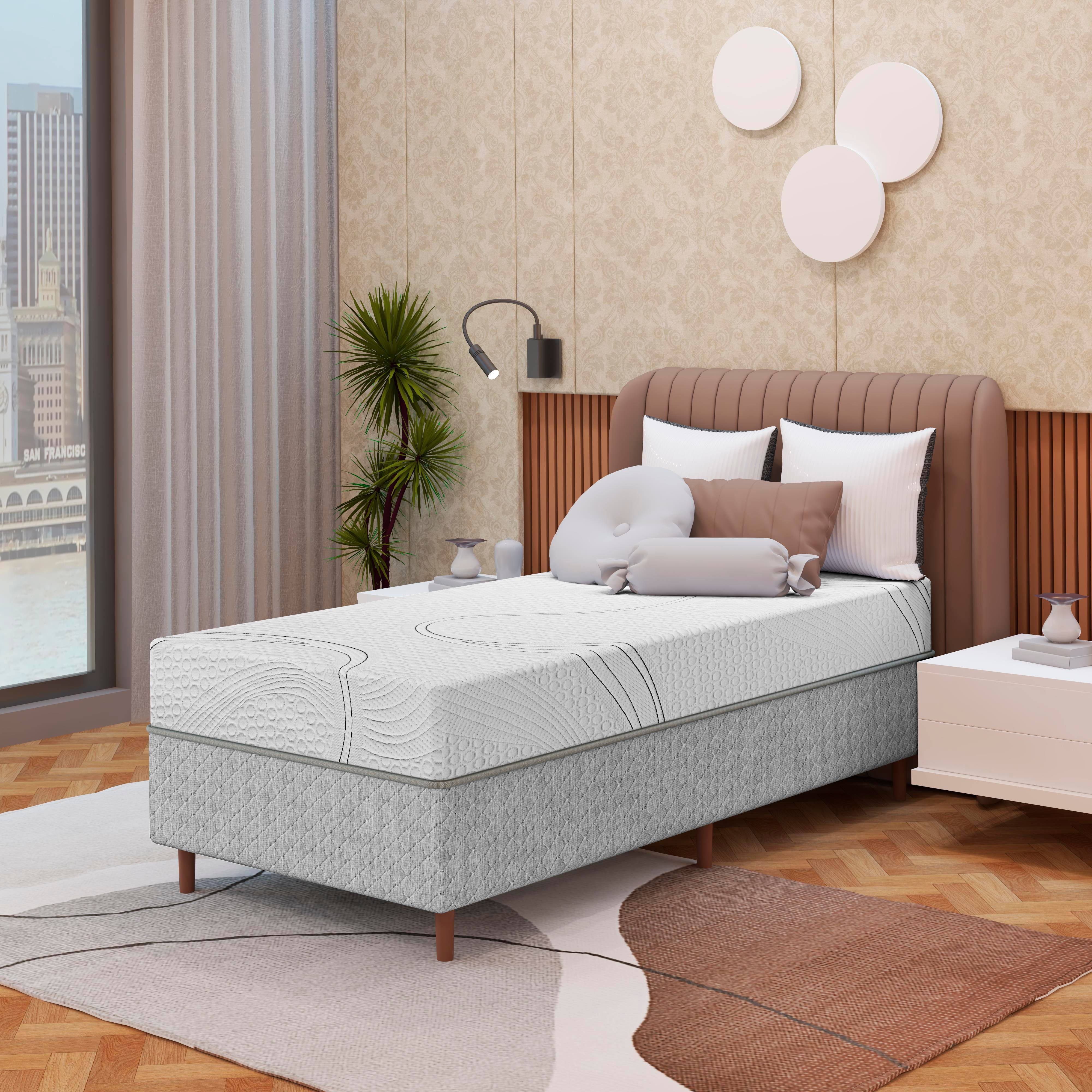 Cama Box Solteiro Umaflex Loreto Cinza + Colchão Solteiro Espuma Viscoelástico D40 + D33 Até 130Kg Bartira Viena