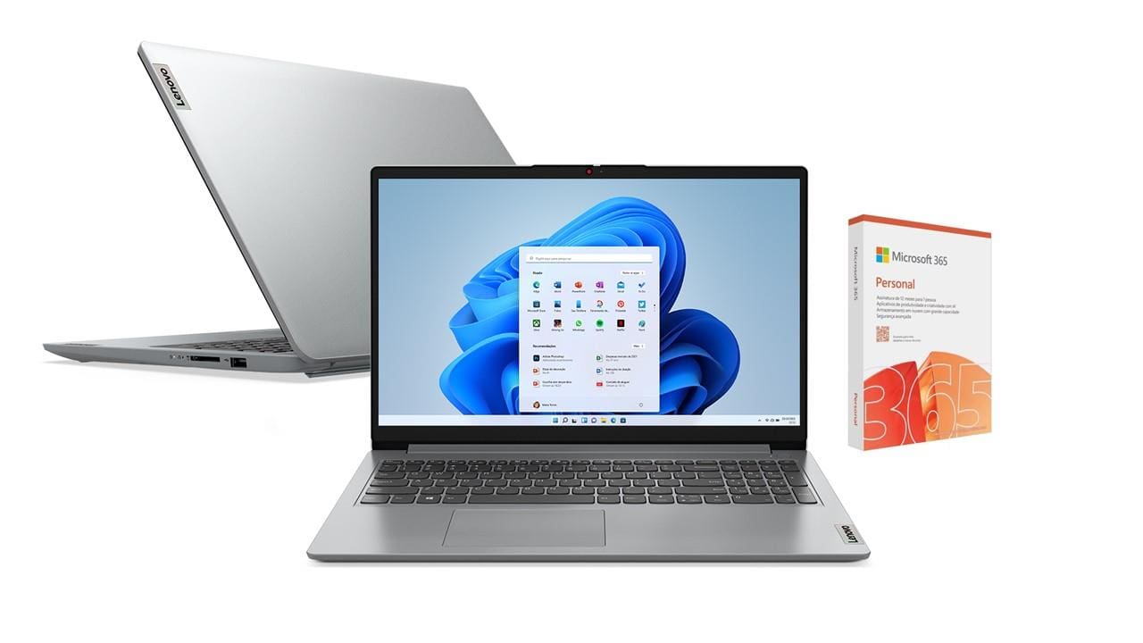 Notebook 15.6” Lenovo IdeaPad1 Windows 11 Intel Core i3-1315U 8GB RAM 256GB SSD Cinza + Microsoft 365 Personal