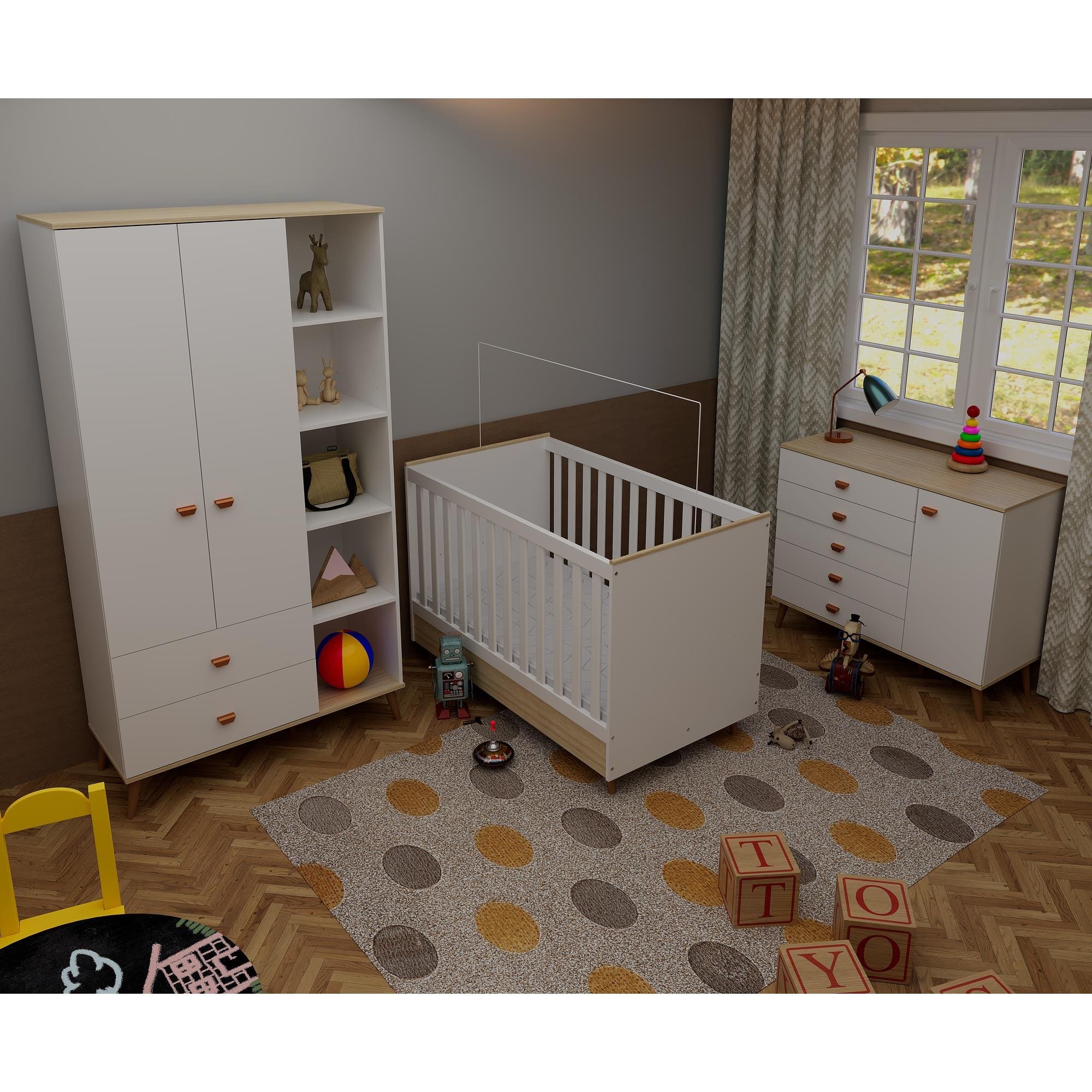 Quarto Infantil Completo Bartira Ternura Guarda-Roupa 5 Nichos Cômoda 5 Gavetas Berço Conversível