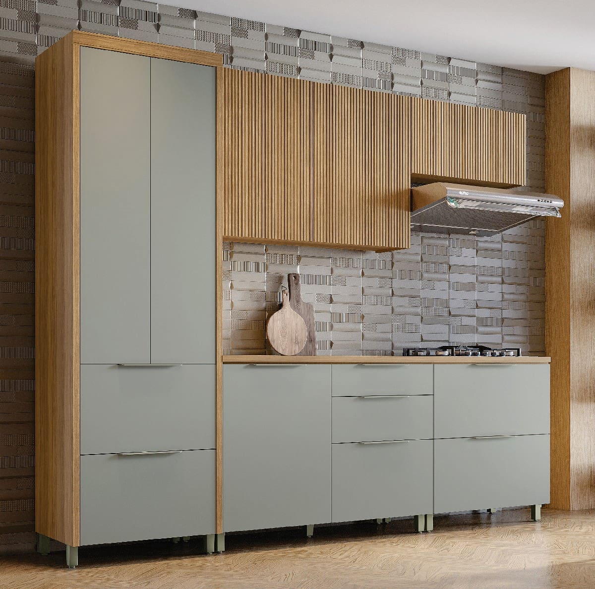 Cozinha Completa Nesher Paris Armário Aéreo + Armário Geladeira + Balcão + Paneleiro - 5 Peças e 7 Portas