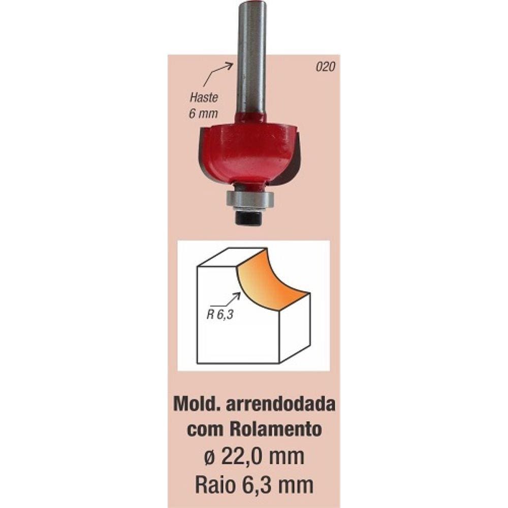Fresa Tupia Borda Meia Cana Rolamentada 22mm Haste 6mm