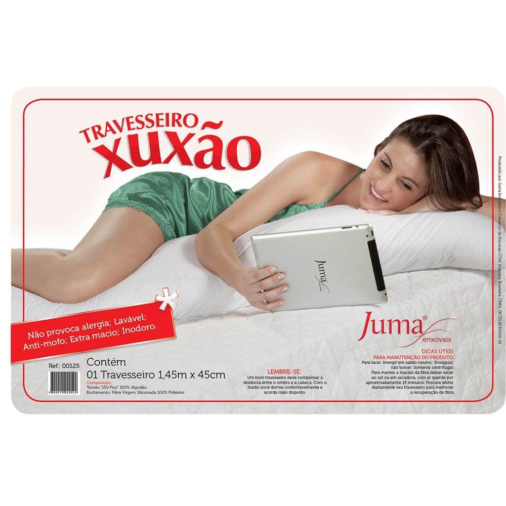 Travesseiro Xuxão 150 Fios 100% Algodão 1,45m x 45cm Branco