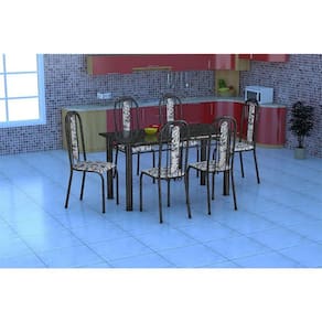 Conjunto Mesa Granada com 6 Cadeiras Granada Preto Prata - Assento Branco com Floral