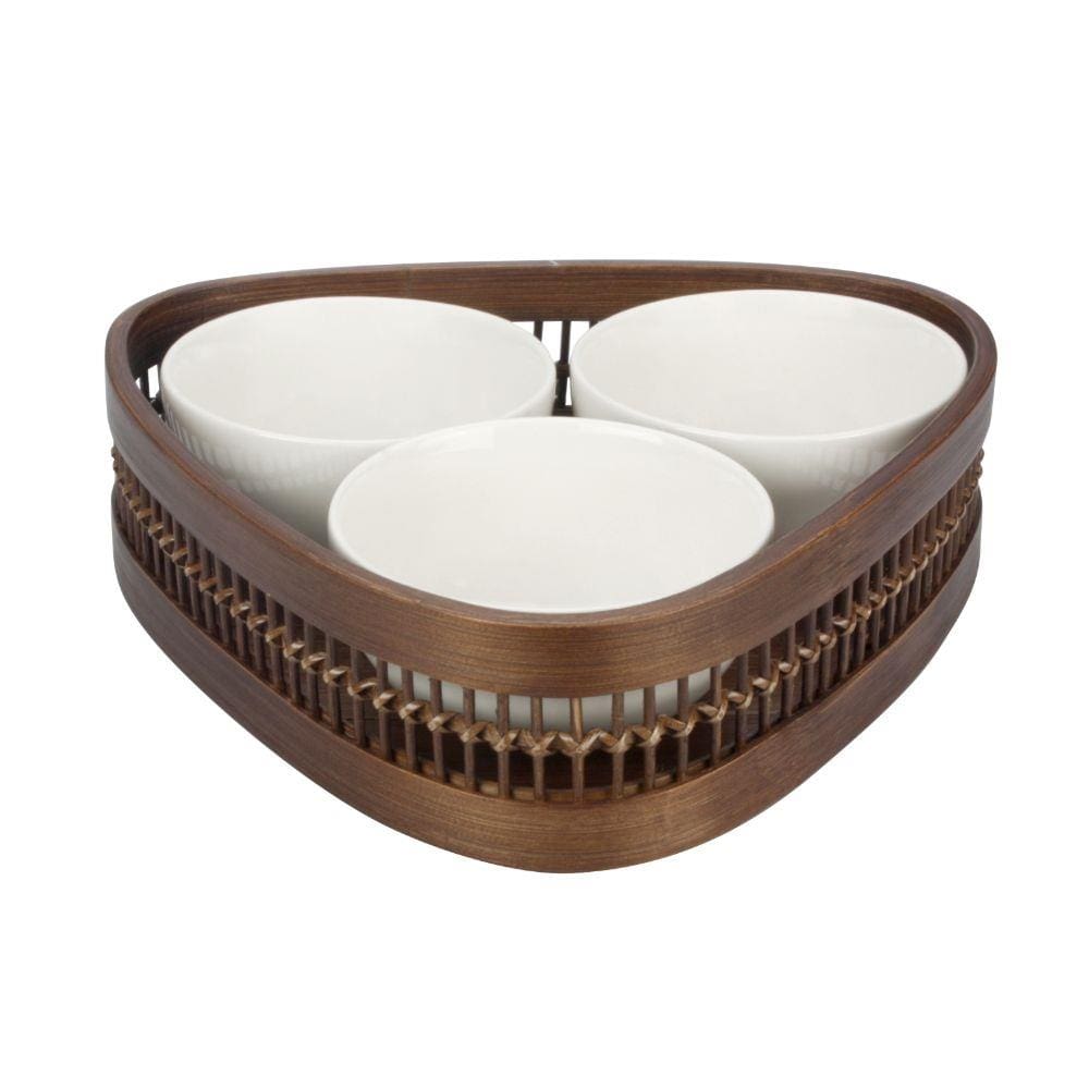 Bandeja Bambu Triangular c 3 Bowls Porc L`Hermitage 04 pçs