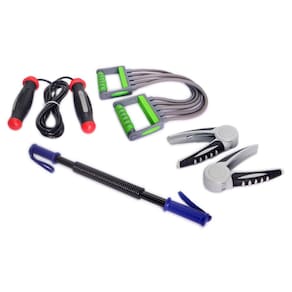 Kit Treino Yoga Pilates Fisioterapia com 1 corda de pular com rolamento, hand grip, bastão retrátil com mola, corda extensora