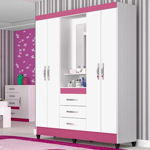 imagem-Guarda-Roupa Casal 4 Portas com Espelho Capri Moval Branco/Rosa