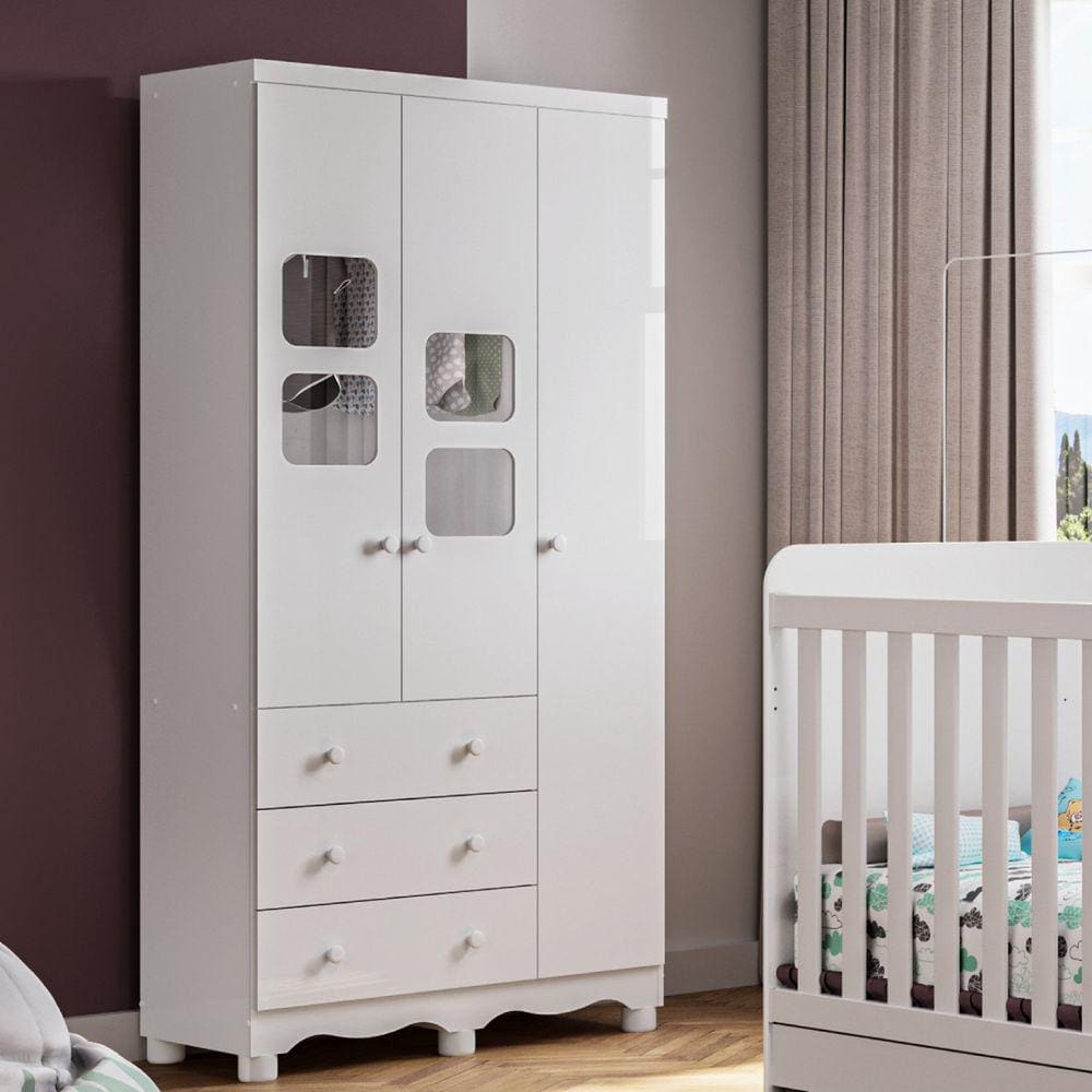 Guarda-Roupa Infantil 3 Portas Uli Móveis Peroba Branco