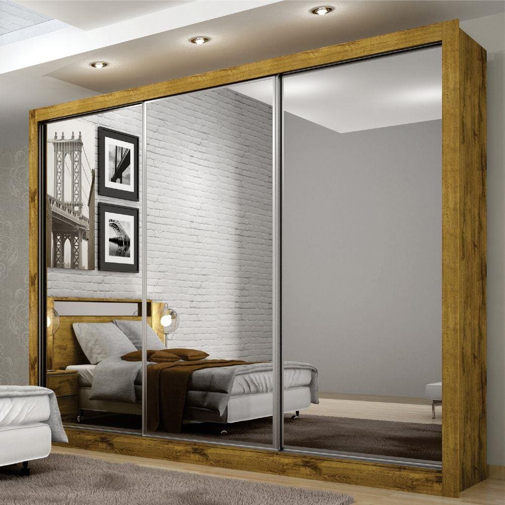 Guarda-Roupa Údine com 3 portas com espelho e 6 gavetas Móveis Novo Horizonte Freijó Dourado