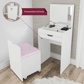 Penteadeira Compacta Com Espelho e Puff Branco e Rosa