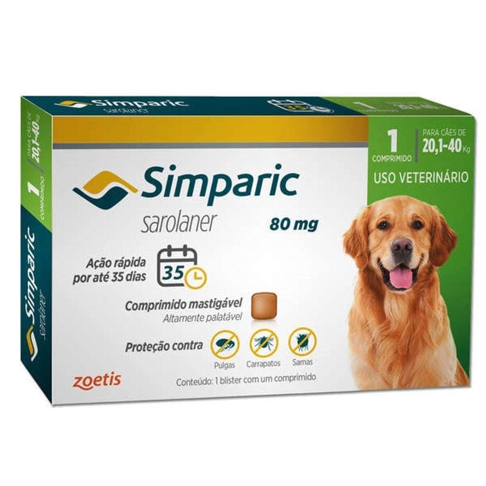 Simparic Anti Pulgas e Carrapatos Cães 20,1 A 40 Kg - 80 mg 01 Comprimido - Zoetis