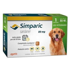 Simparic Anti Pulgas e Carrapatos Cães 20,1 A 40 Kg - 80 mg 01 Comprimido - Zoetis