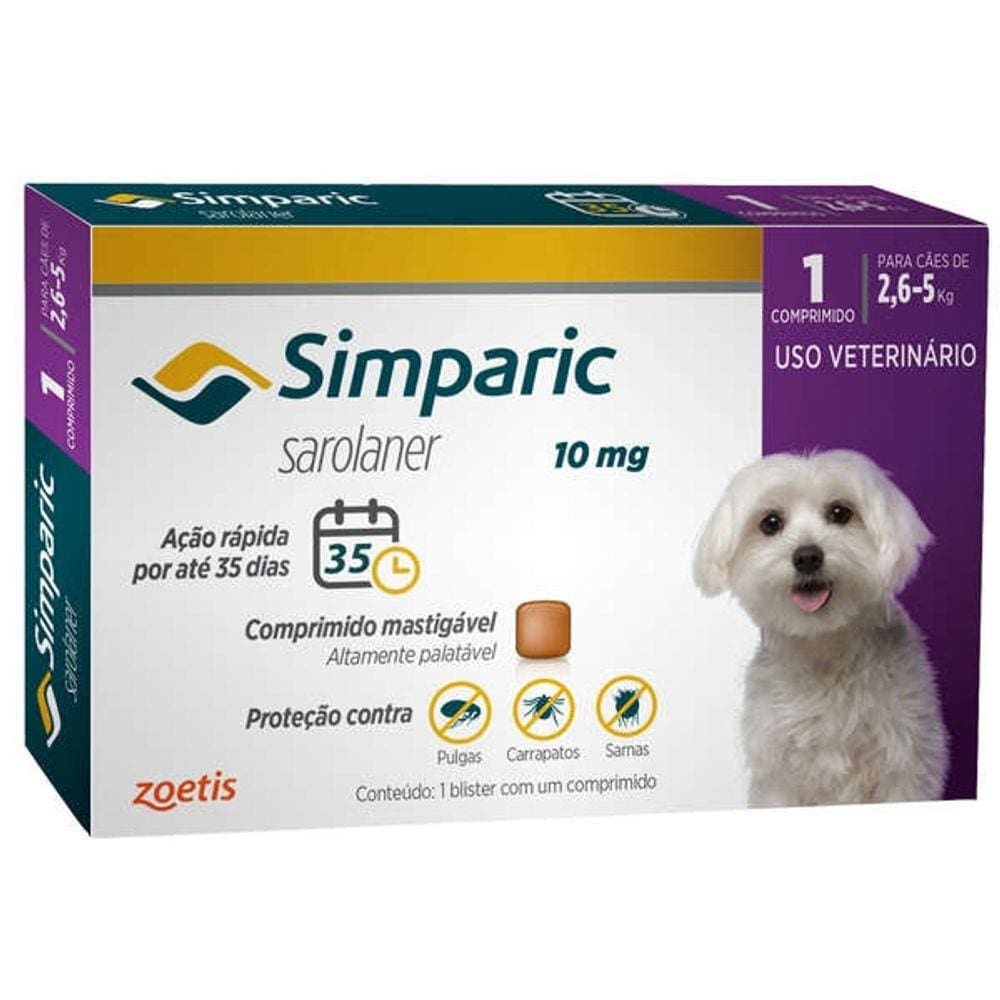 Simparic Anti Pulgas e Carrapatos Cães de 2,6 A 05 KG 10 Mg 1 Comprimido - Zoetis