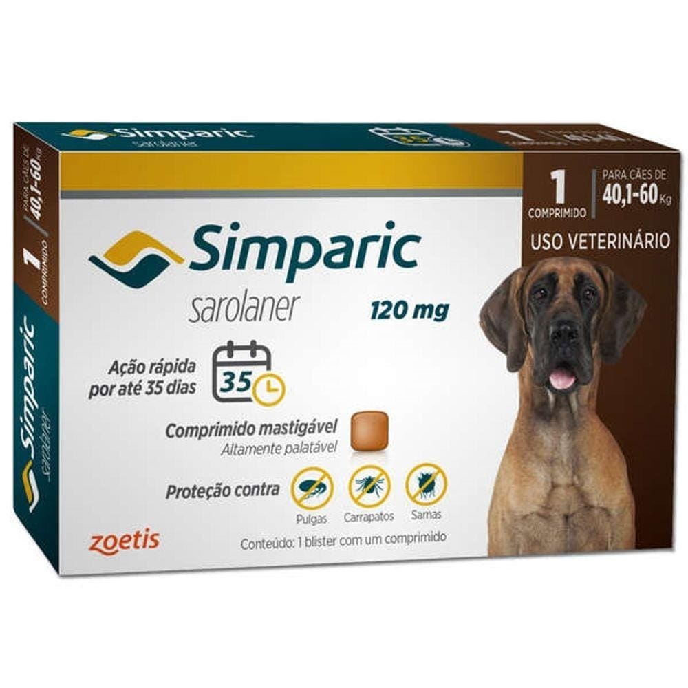 Simparic Anti Pulgas e Carrapatos Cães de 40,1 A 60 KG 120 Mg 01 Comprimido - Zoetis