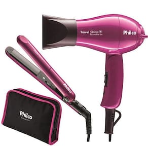 Kit Prancha + Secador Philco Travel Shine Rosa Bivolt
