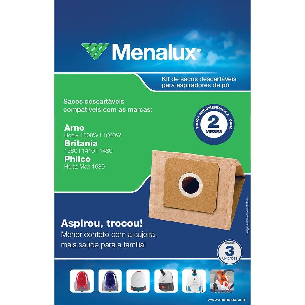 Kit Com 3 Sacos Descartáveis Menalux Para Aspiradores De Pó (Sim02)