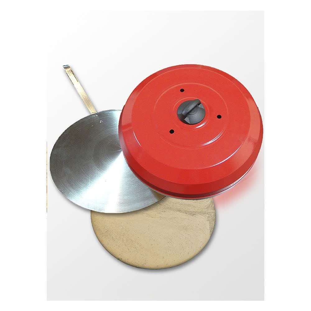 Kit Pizza Para Churrasqueira Com Pá, Tampa e Pedra Refratária 35cm Vermelho