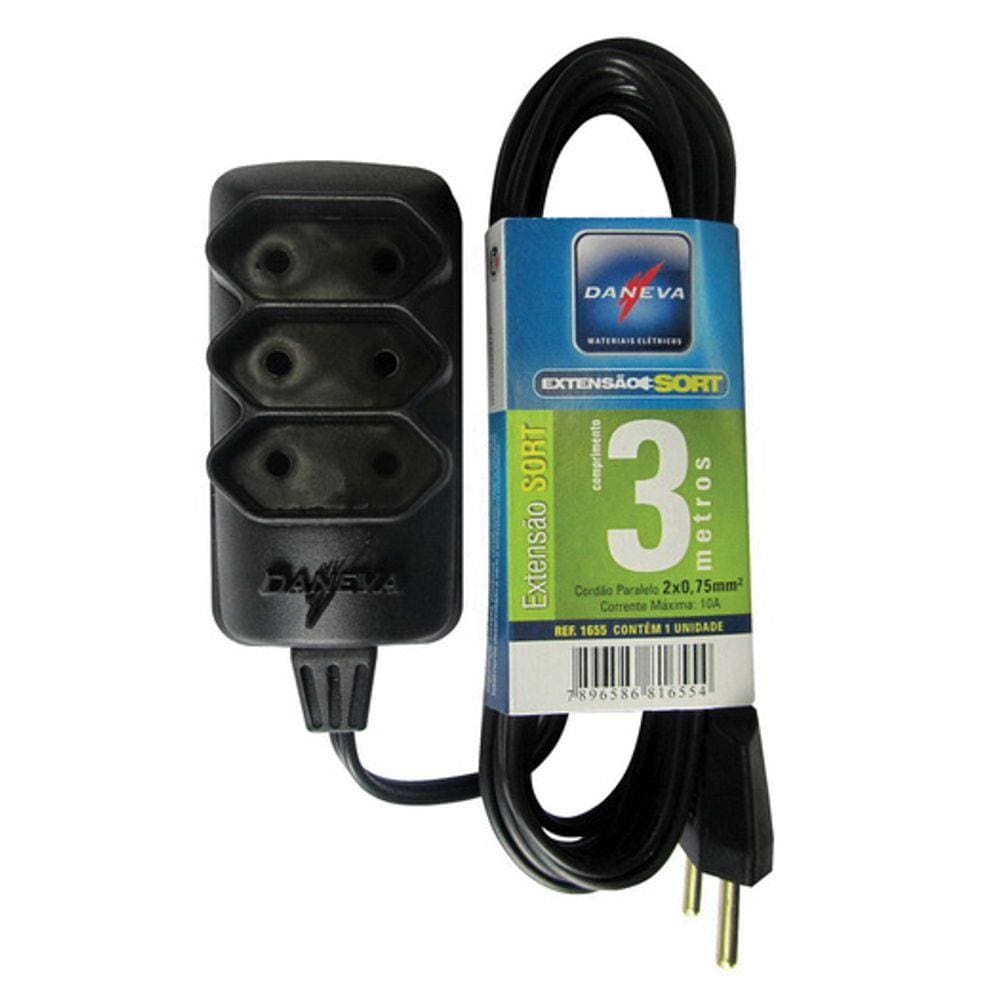 Extensão em ABS Sort Economic 3 Tomadas e 2 Polos 10a 250v com 3 Metros Preta