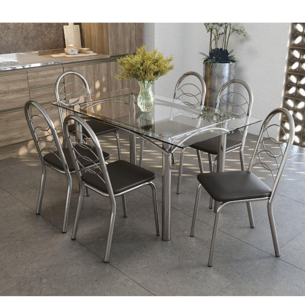 Conjunto de Mesa Tampo Vidro Elba com 6 Cadeiras Holanda Crome Kappesberg Cromado/Preto