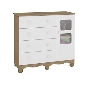 Cômoda de Bebê 1 Porta 4 Gavetas Uli Móveis Peroba Branco Brilho/Carvalho