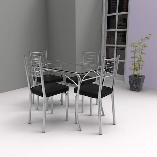 imagem-Conjunto de Mesa Tampo Vidro Lion com 4 Cadeiras Juliana Yescasa Cromado/Preto