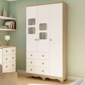 Guarda Roupa de Bebê 3 Portas 3 Gavetas Uli Móveis Peroba Branco Brilho/Carvalho